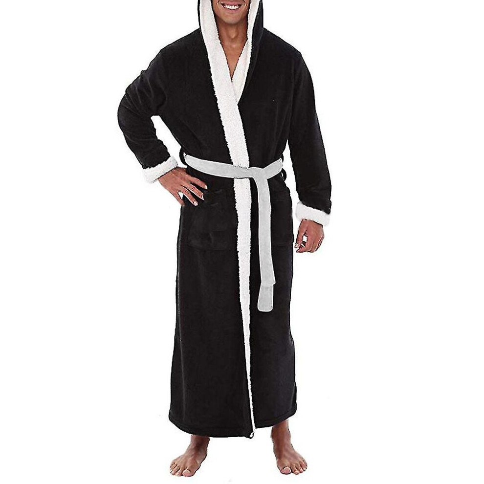 (, S) Men Long Hooded Bathrobe Soft Nightgown Robe Dressing Gown Black