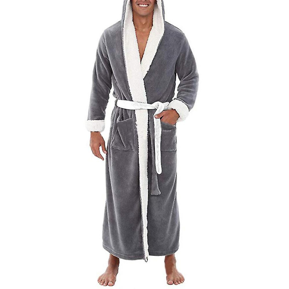 (, Xl) Men Long Hooded Bathrobe Soft Nightgown Robe Dressing Gown Grey