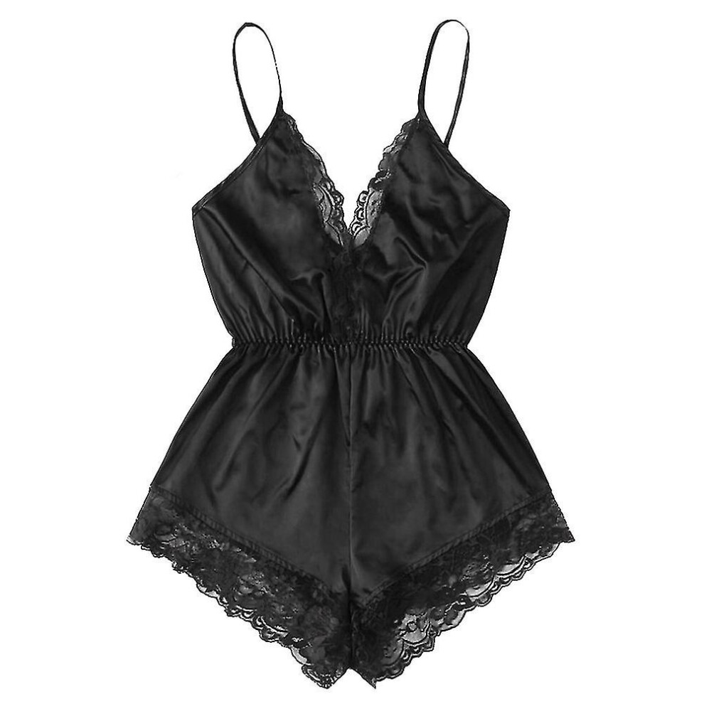 (Black, L) Women Sexy Silk Satin Romper Teddy Lace Lingerie Bodysuit Shorts Elastic Nightwear Sleepwear