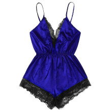 (Blue, S) Women Sexy Silk Satin Romper Teddy Lace Lingerie Bodysuit Shorts Elastic Nightwear Sleepwear