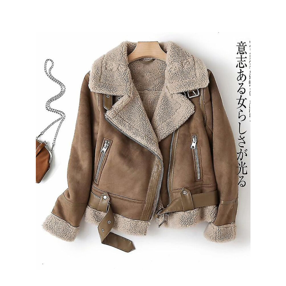 (Brown, XL) Women Winter Faux Shearling Sheepskin Fake Leather Jackets Lady Thick Warm Suede Lambs Short Motorcycle Brown Coats