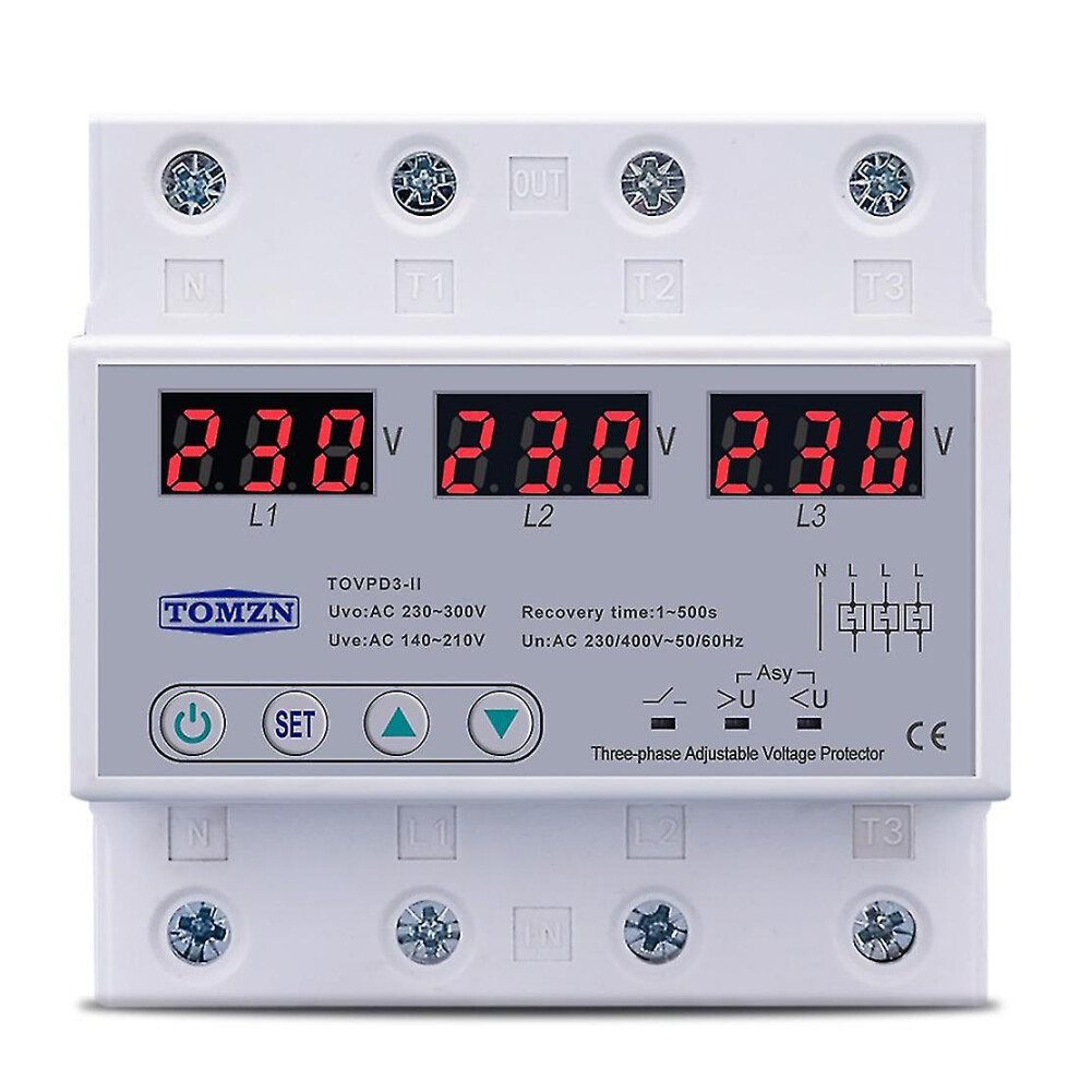 Three Phase Adjustable Over And Under Voltage Protector Automatic Protective Device Reset 63a 380v