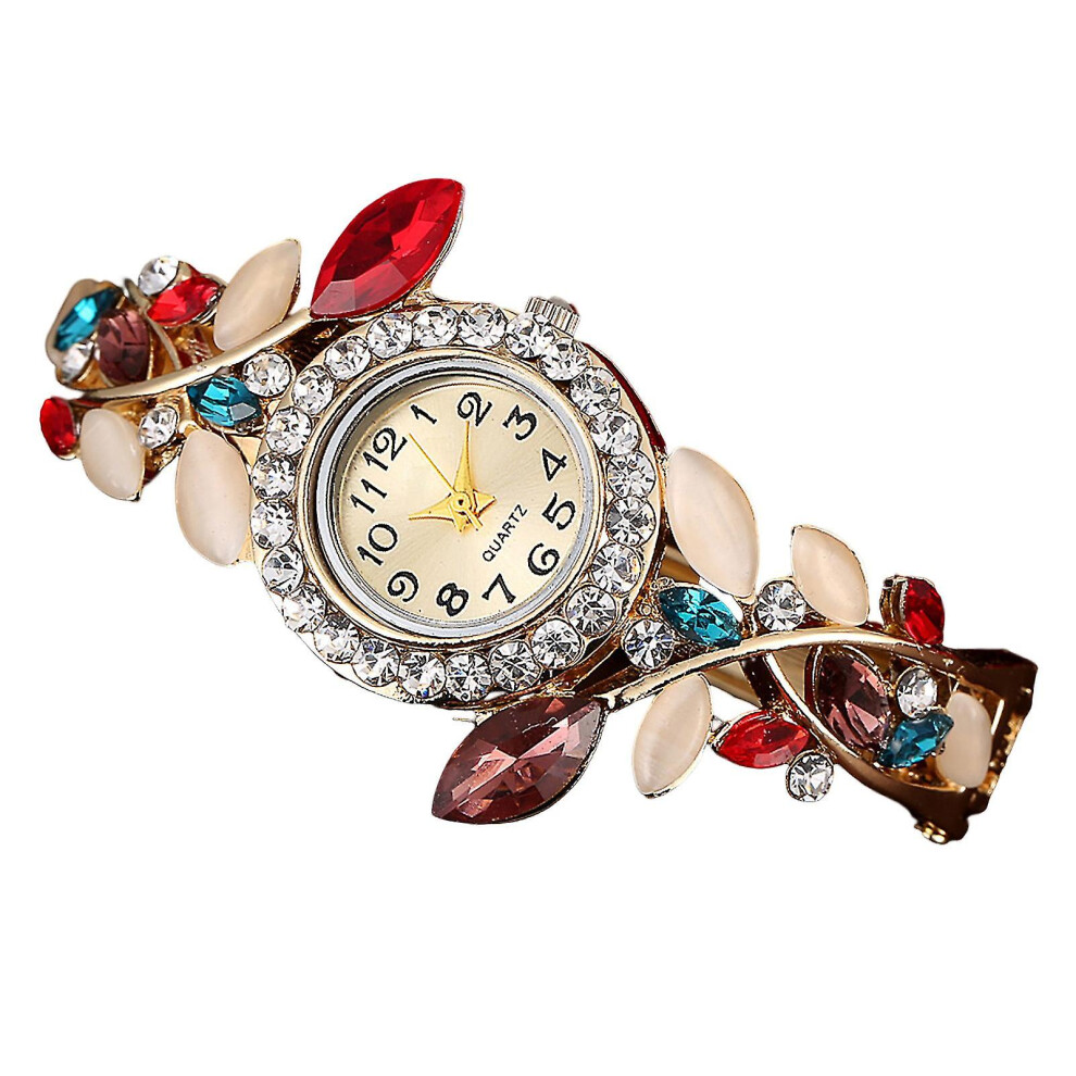 (Multicolor) Ladies Crystal Quartz Watch Automatic Round Dial Rhinestone Strap Watch For Meetings And Dating Gold