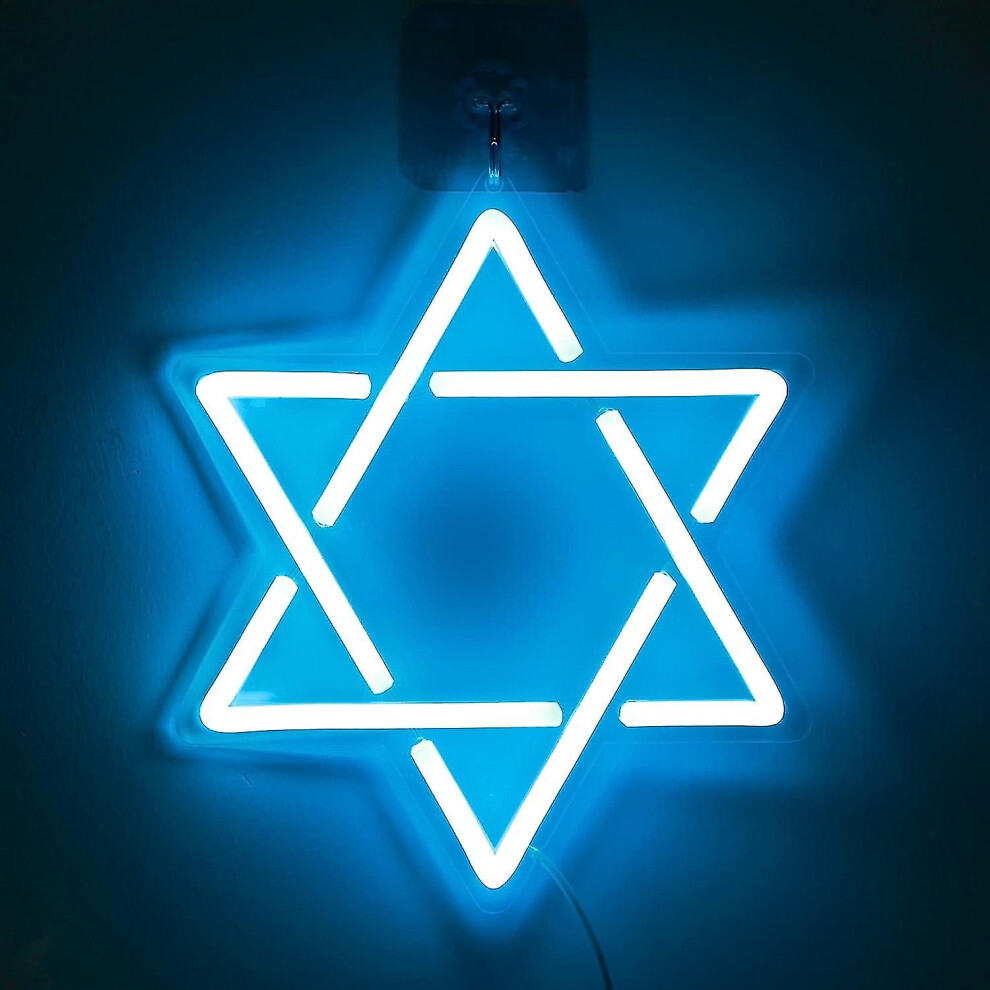 Star Of David Neon Sign, Hanukkah Decorations Blue Six Pointed Star Shape Light Up Acrylic With Usb Powered, Led Neon Light Wall Art Decor For Jews J