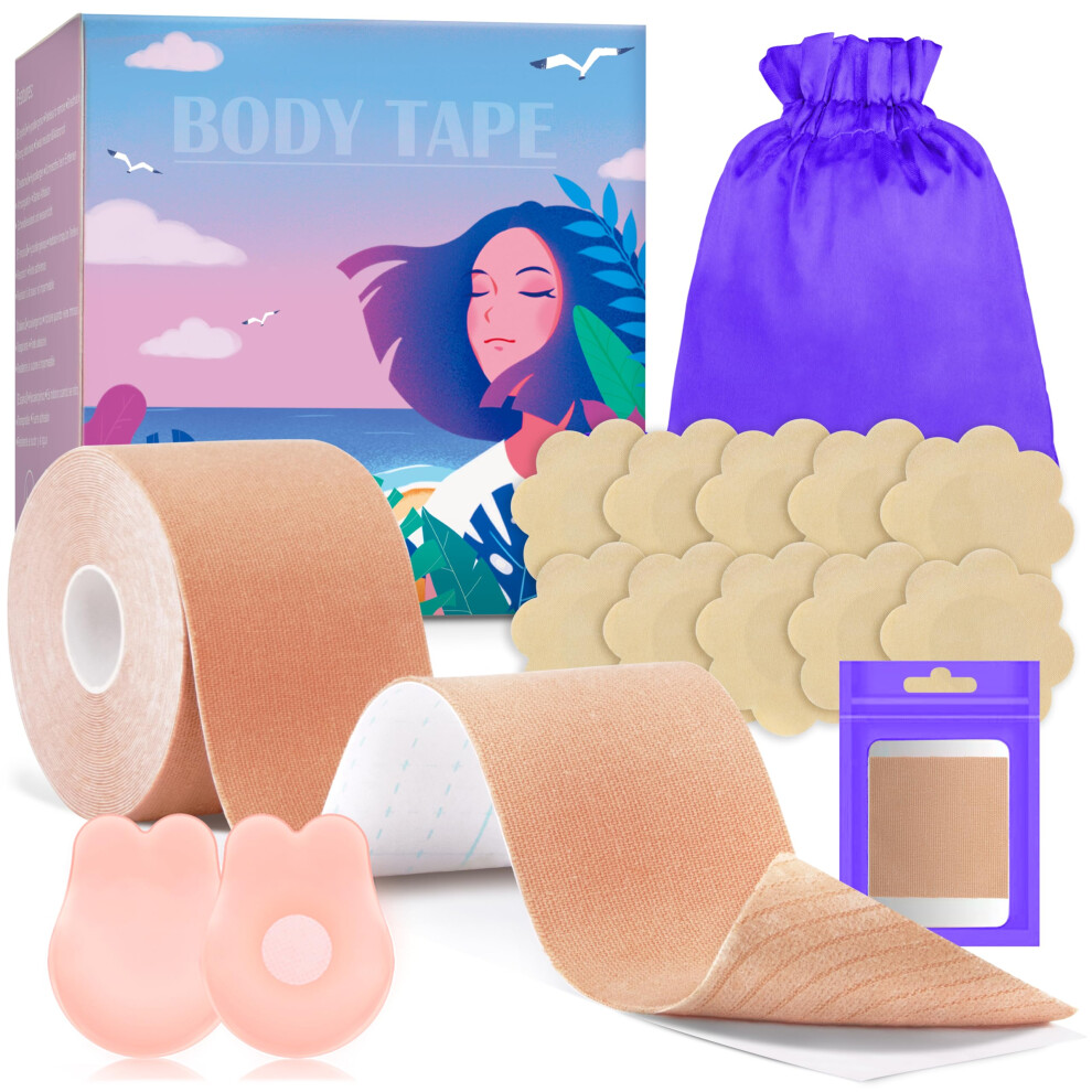 Boob Tape, 5 * 5M Extra-Long Roll Boobtapes, Bob Tape with 2pcs Reusable Nipple Covers, Adhesive Bra Boobytape for Breast Lift Nude