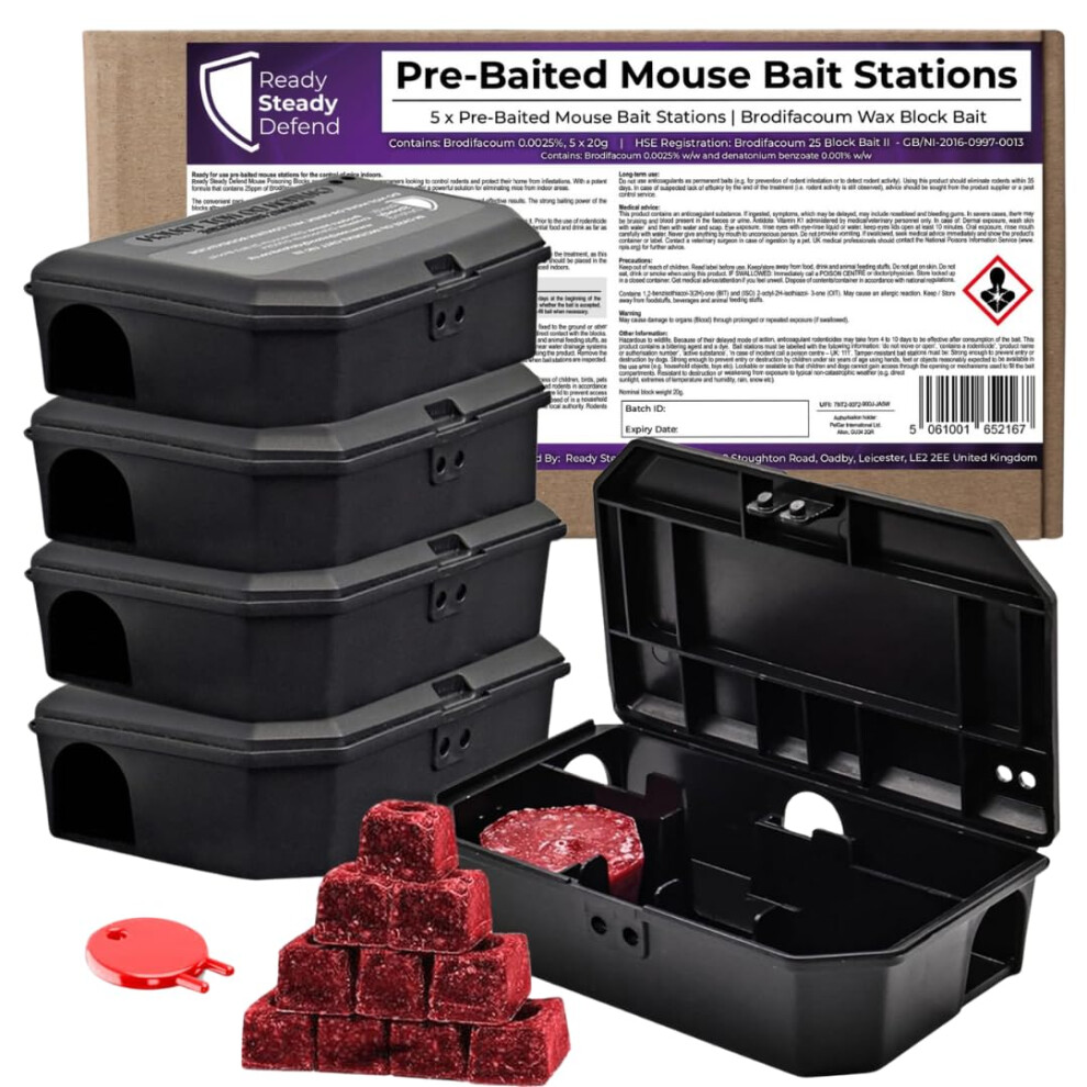 5-Pack Pre-Baited Mouse Control Boxes - Eco-Friendly, Child-Safe & Reusable Rodenticide Kit, UK Made with Professional Grade Brodifacoum Poison Blocks