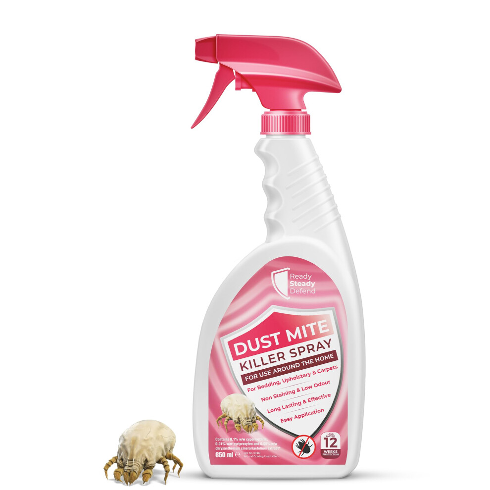 Dust Mite Killer Spray 650ml: Dual Action Instant & Long-Lasting Relief, Non-Toxic, Allergy Reducing, Safe on Textiles, for Bedding, Upholstery &