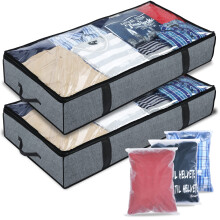 90L underbed storage boxes- Pack of 2 Large under bed storage box with 3x Bonus Large Zip lock Bags- Clothes storage boxes with lid & PVC Window For