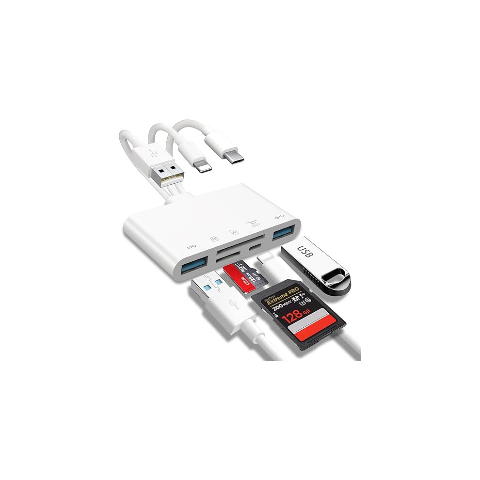 5-in-1 Memory Card Reader, USB OTG Adapter & SD Card Reader for iPhone/iPad, USB C and USB A Devices with Micro SD & SD Card Slots, Supports SD/Micro