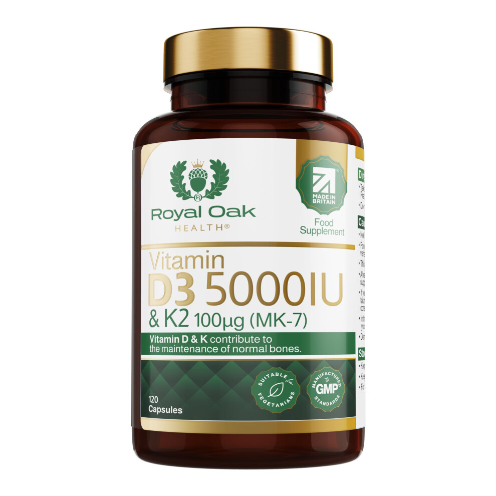 Vitamin D3 5000 IU & Vitamin K2 100mcg (MK-7) x120 Capsules, 4 Month Supply - High Strength Vitamin D & K2 Supplement for Men & Women, Made in The UK