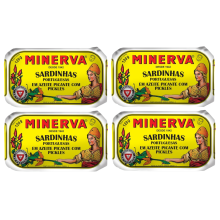 4 x 120g Cans Sardines Fish in Spicy Olive Oil with Pickles Minerva