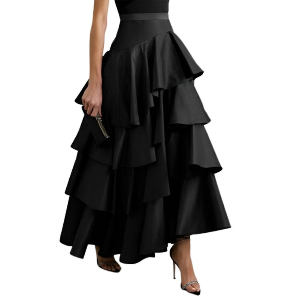 (Black, XL) Women's Urban A-line Ruffle Party Skirt High Waist Pleated Solid Color Long Skirts