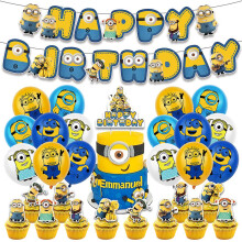 Cartoon Minions Birthday Party Supplies - 30 Pcs Birthday Party Favor With Happy Birthday Banner Cake Topper Cupcake Topper Balloons For Kid Boys Girl