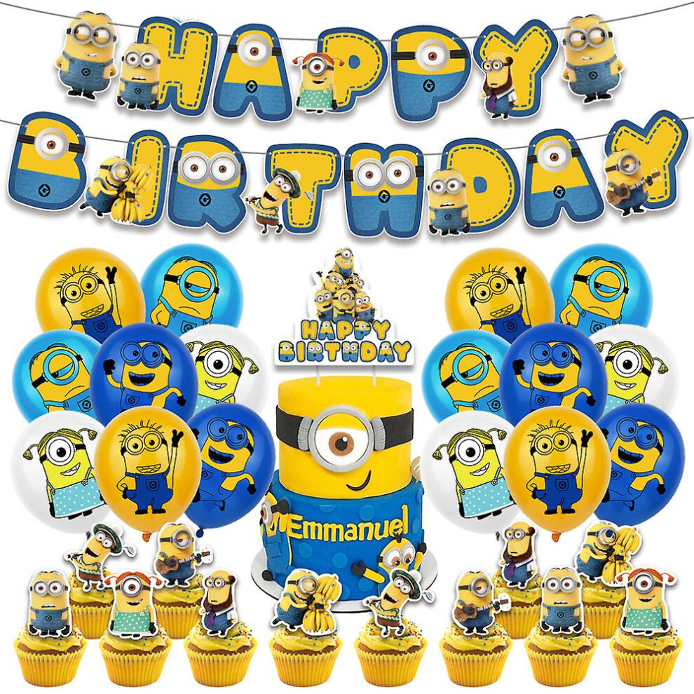 Cartoon Minions Birthday Party Supplies - 30 Pcs Birthday Party Favor With Happy Birthday Banner Cake Topper Cupcake Topper Balloons For Kid Boys Girl