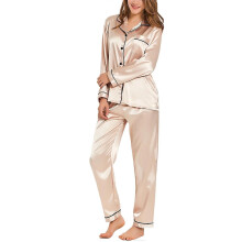 (Champagne, S) Womens Silk Satin Pajamas Two-piece Sleepwear Button-down Pj Set