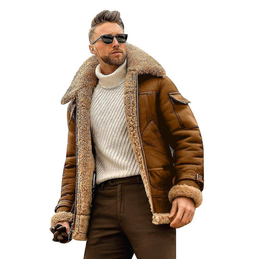 (brown, L) New 2023  Men's Vintage Suede Jacket Lapel Fur Leather Jacket Cashmere Coat