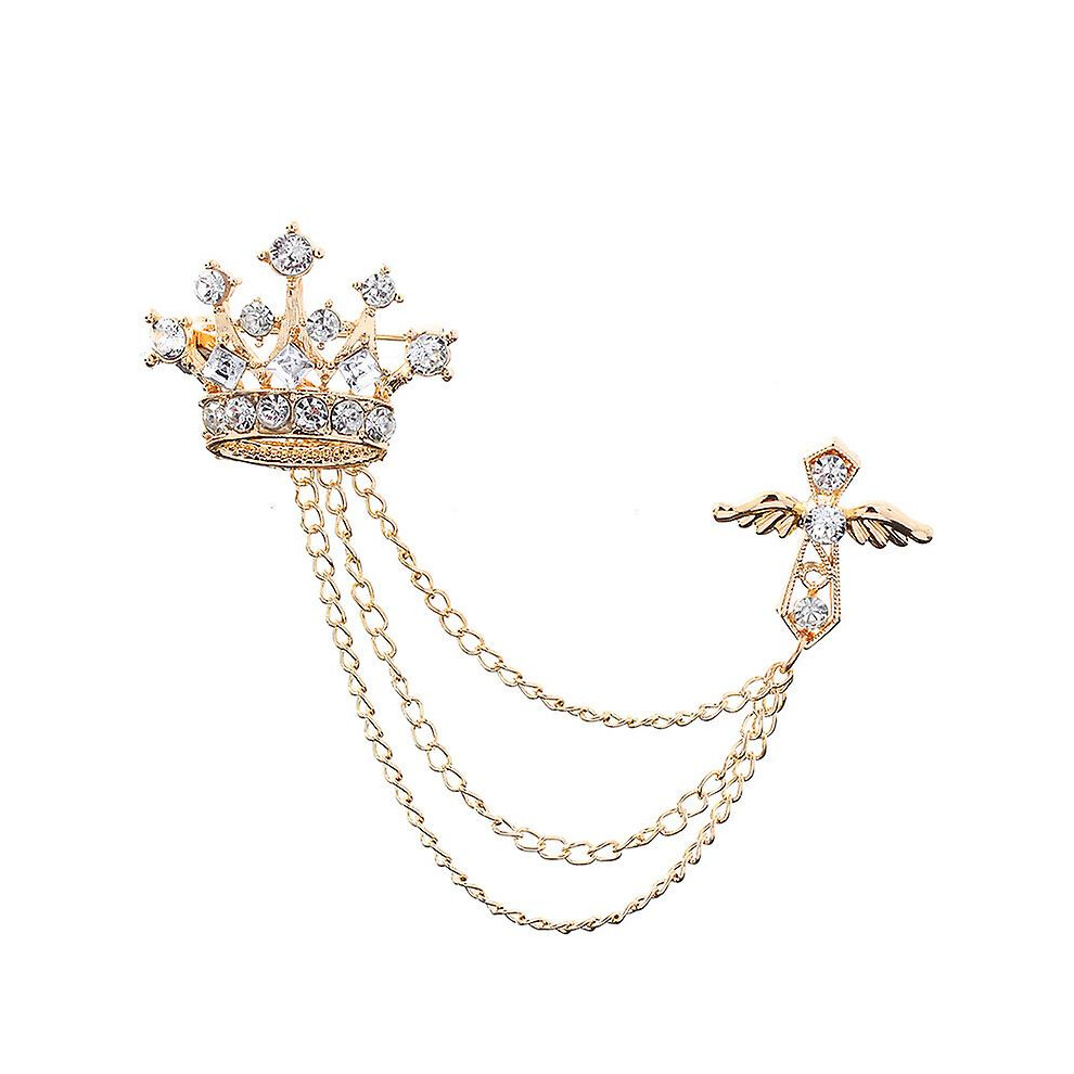 (style 1) British Style Rhinestone Crown Chain Brooch Retro Crystal Corsage Pin Tassel Chain Suit Jacket Brooch Pin For Men Husband Gifts