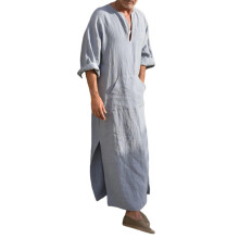 (Light Grey, S) Mens Arab Muslim Long Robe Clothes Casual Middle East Islamic Thobe Kaftan Robes