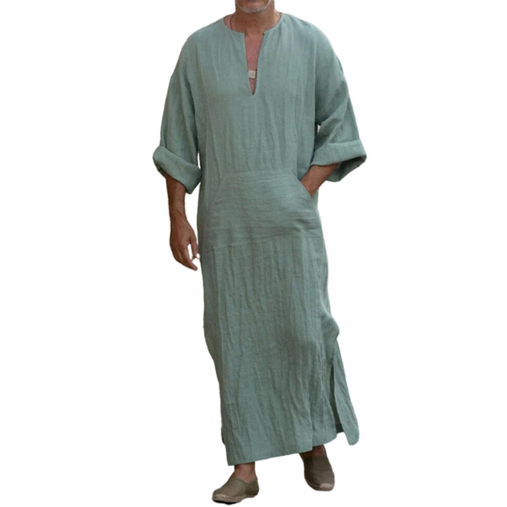 (, L) Mens Arab Muslim Long Robe Clothes Casual Middle East Islamic Thobe Kaftan Robes Green