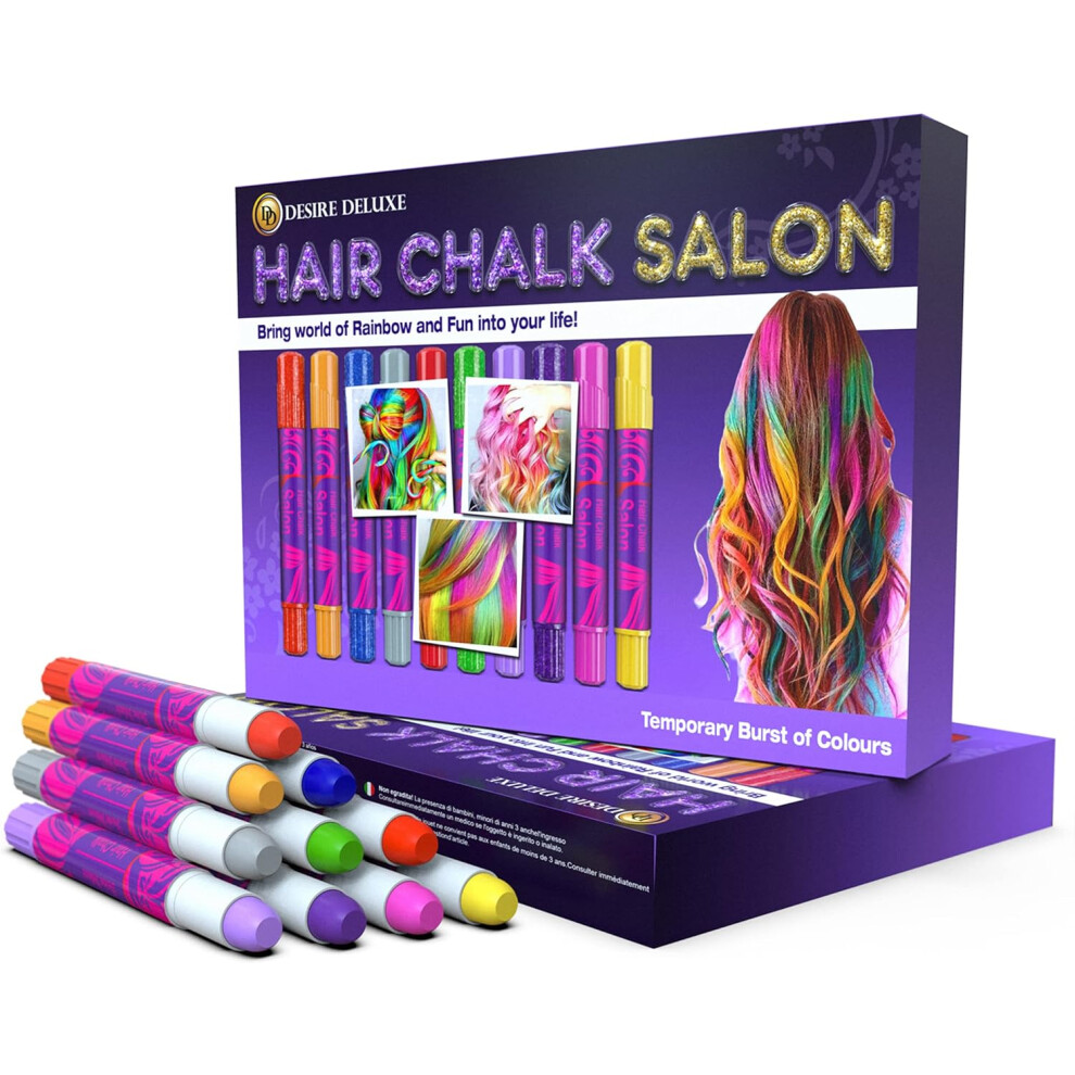 Desire Deluxe Store Desire Deluxe Hair Chalk Gift For Girls - 10 Temporary Non-Toxic Easy Washable Hair Dye Colourful, Metallic, Glitter Pens - Great Games Birthday Girls
