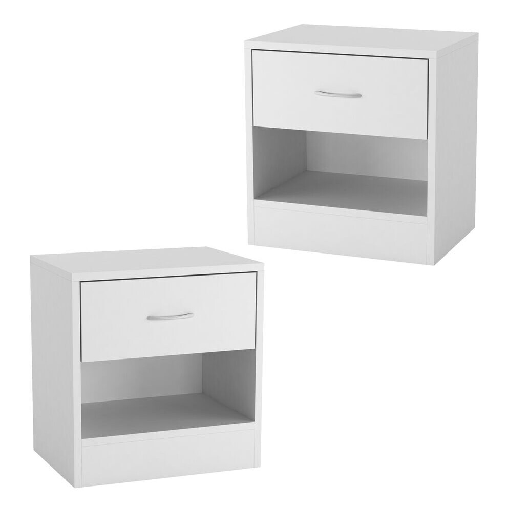 (White) Modern Single Drawer Wooden Bedside & Nightstand Storage Table, Set of 2