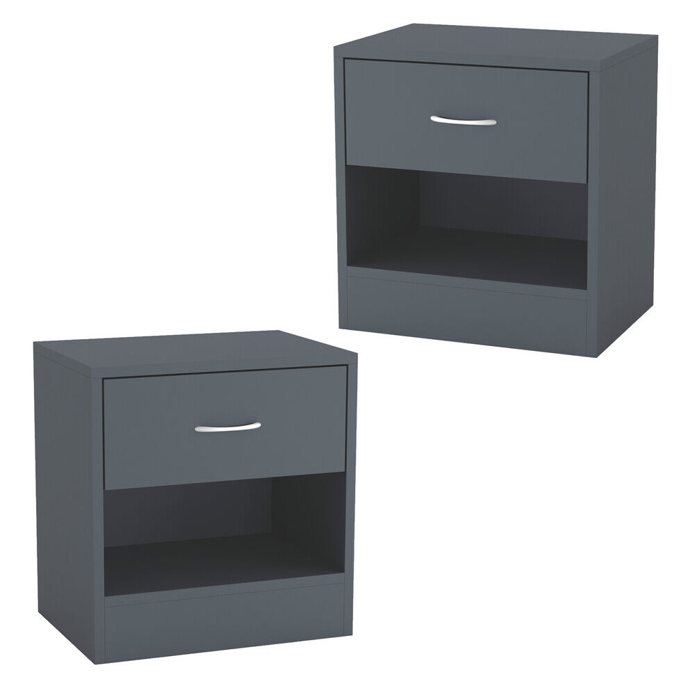 (Dark Grey) Modern Single Drawer Wooden Bedside & Nightstand Storage Table, Set of 2