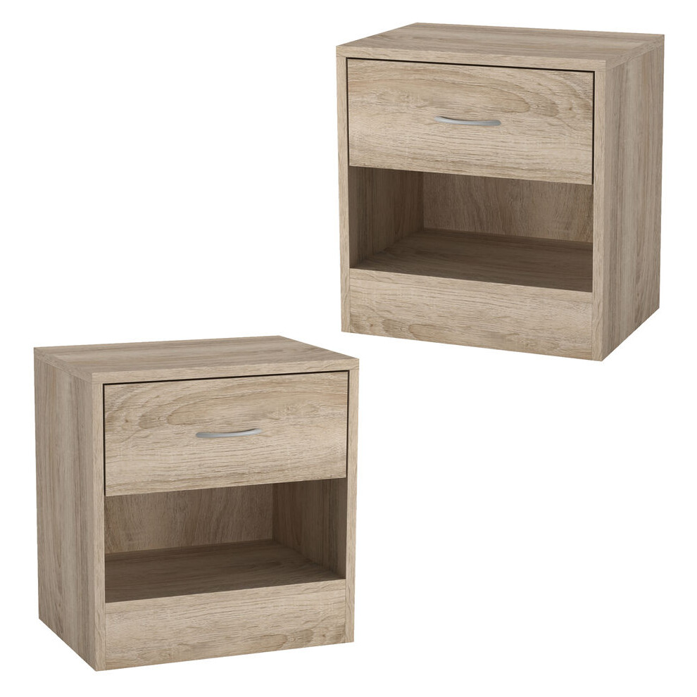 (Antique Oak) Modern Single Drawer Wooden Bedside & Nightstand Storage Table, Set of 2