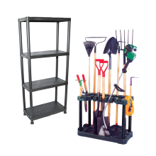 KCT Garden Tool Storage with Wheels & 4 Tier Plastic Shelving Unit for Shed Garage Organiser Holder Tidy Freestanding Accessories Spade Trolley Stand