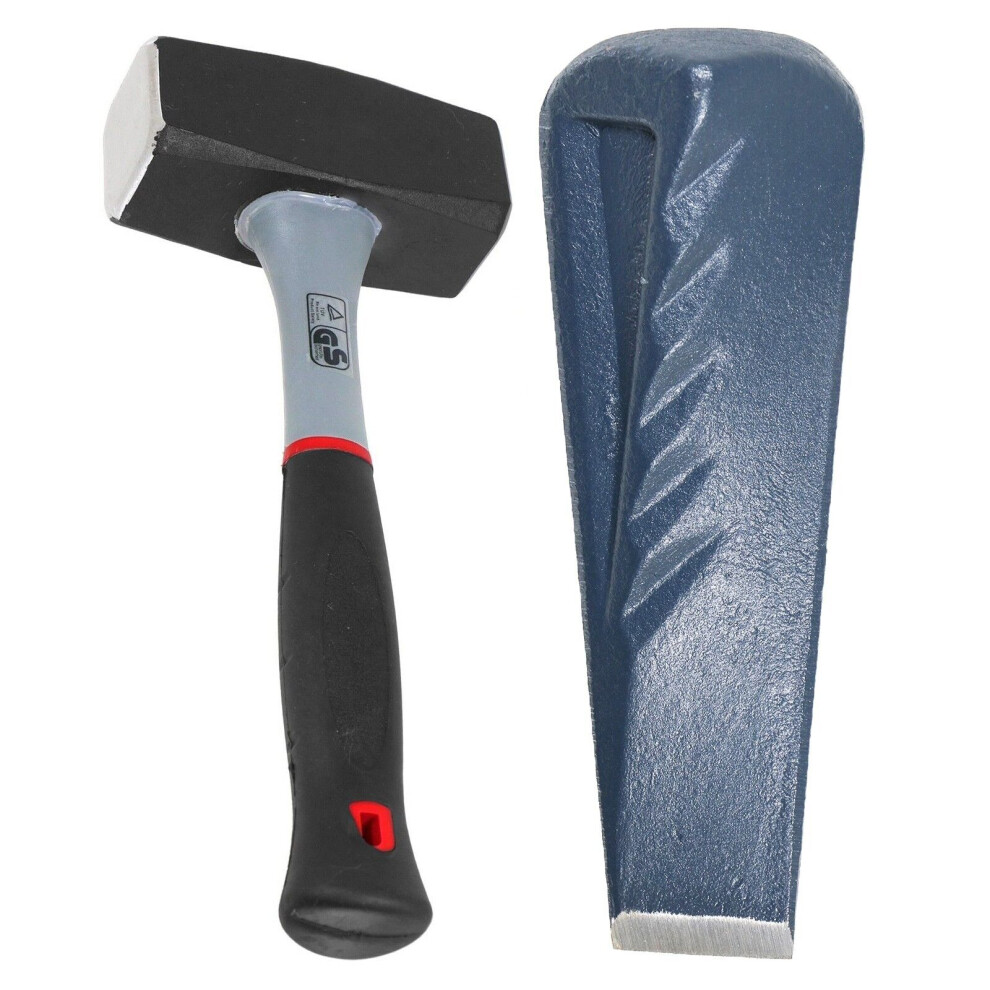 Twisted Log Splitter 2.5KG 9" Steel Wedge + 2KG Lump Sledge Club Hammer Heavy Duty Kit