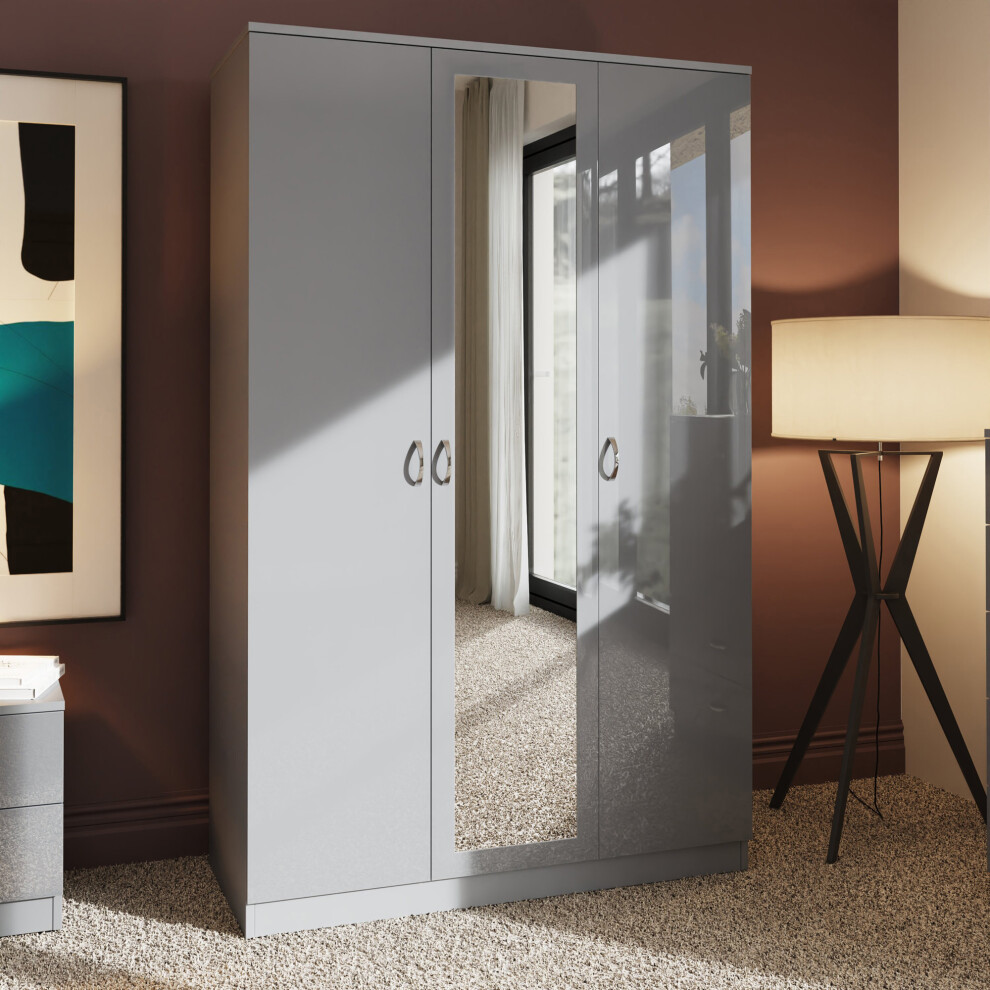 High Gloss 3 Door Mirrored Triple Wardrobe With Shelving