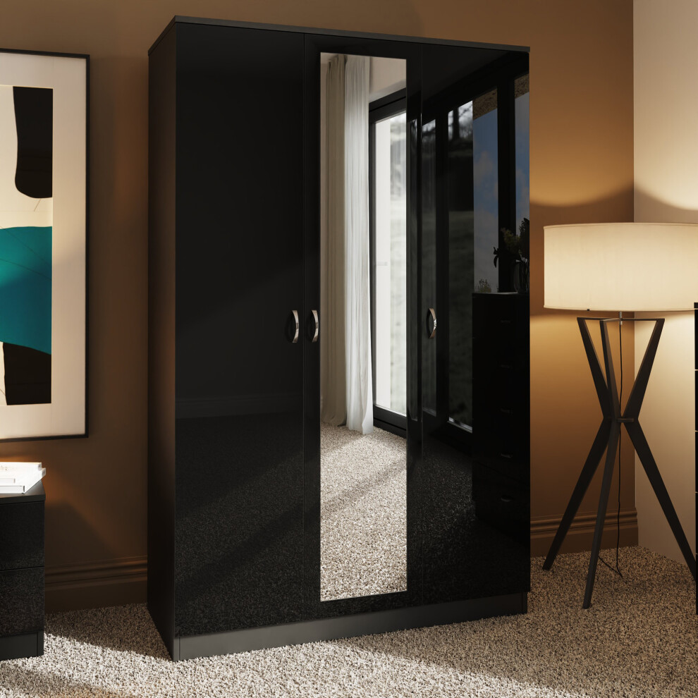 High Gloss 3 Door Mirrored Triple Wardrobe With Shelving