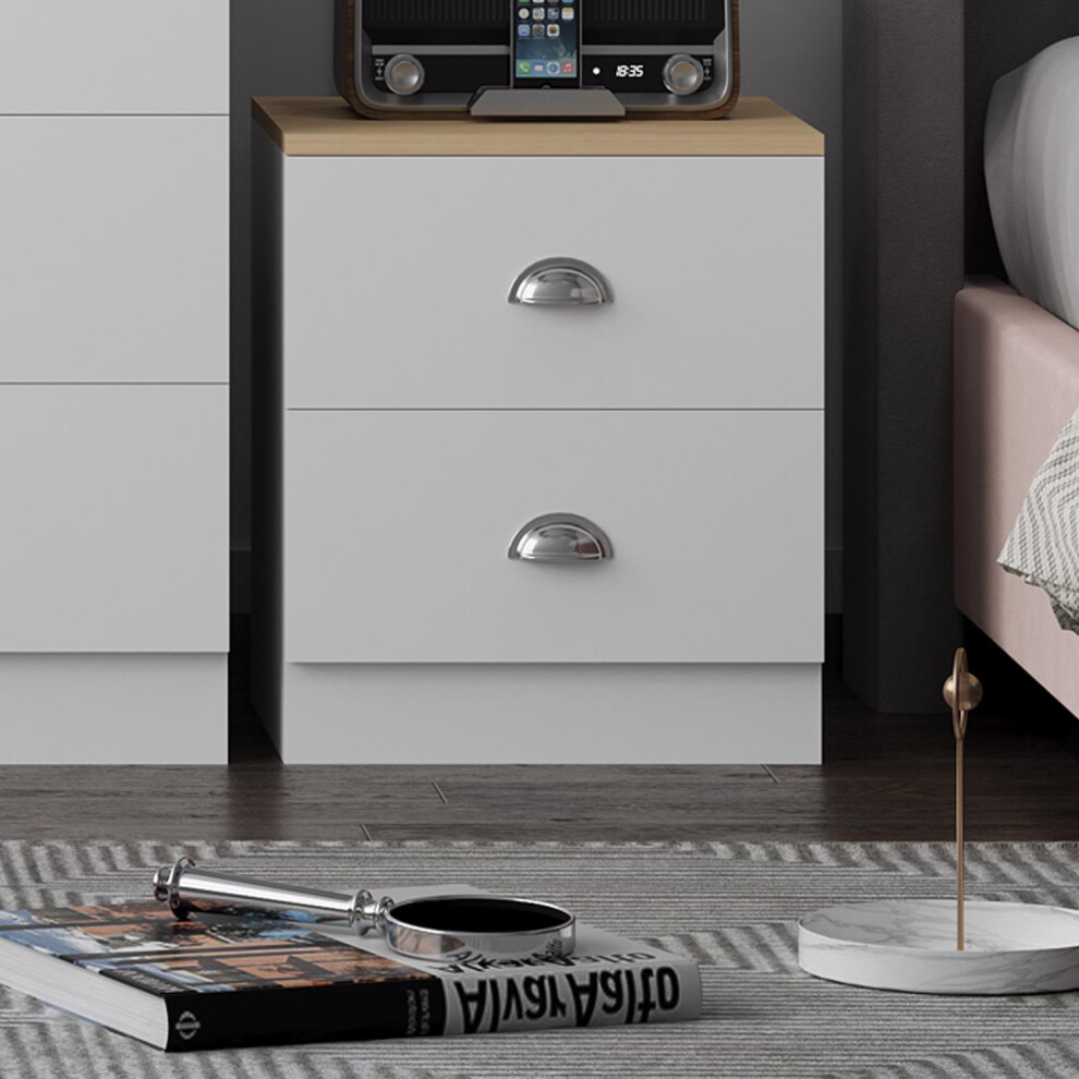 2 Drawer Bedside Matt White Oak Bedroom Furniture Metal Cup Handles