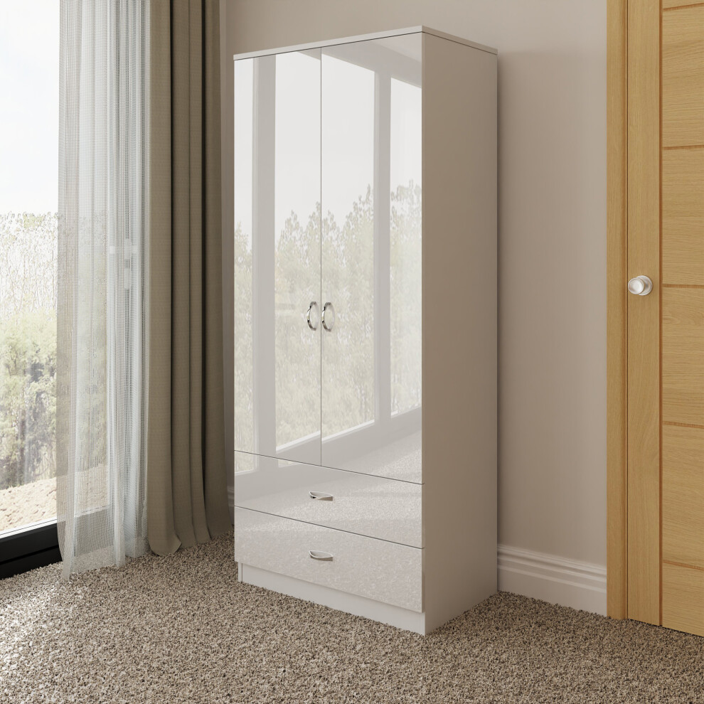 (White) High Gloss 2 Door 2 Drawer Combination Wardrobe