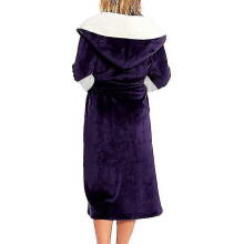 (Purple, L) Sherpa Fleece Bathrobe Women Soft Dressing Gown Hooded Fluffy Towling Bath Robe_y S