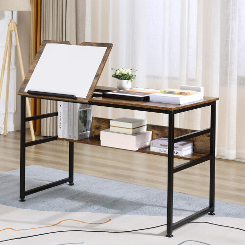 Homcom HOMCOM Tiltable Drafting Table Home Office Computer Desk w/ Shelf, Rustic Brown 2