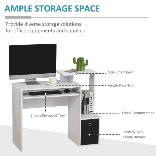 Homcom HOMCOM Computer Desk with Sliding Keyboard Tray Storage Drawer Shelf White 2