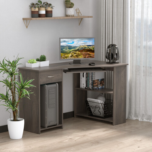 Homcom HOMCOM L-Shaped Corner Computer Desk w/ 2 Shelves Worktop Keyboard Tray Grey 2