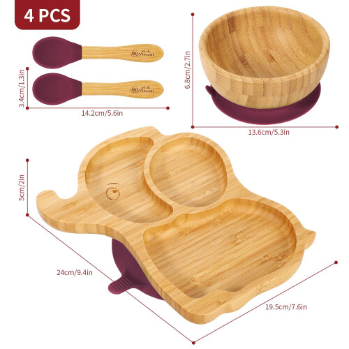 Bamboo Elephant Plate Bowl & Spoon Set Suction Stay-Put Design (Red)