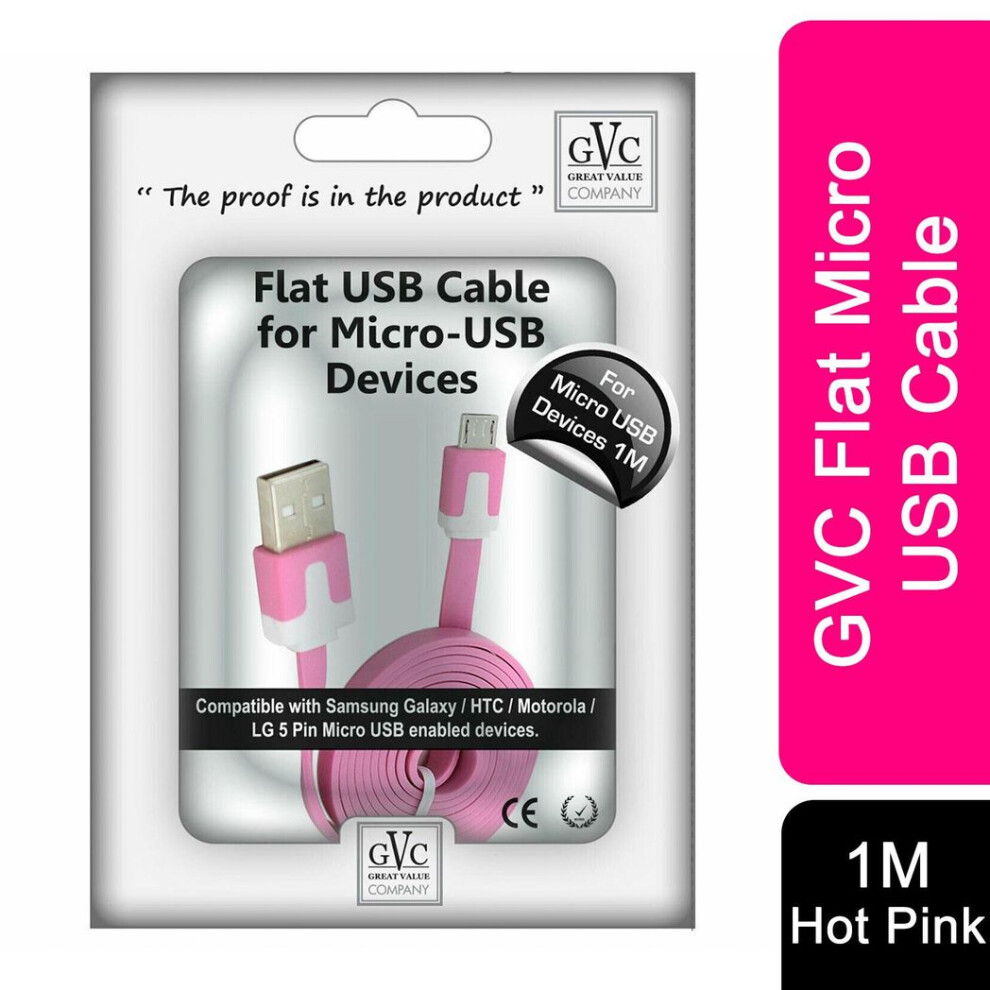 Gvc 1 Metre Strong Tangle Free Flat Micro Usb Cable For Sync & Charge, Hot Pink 5055543225835