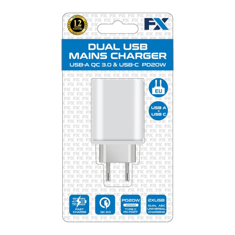 Fx Dual Eu Main Charger Usb-C And Usb-A, White