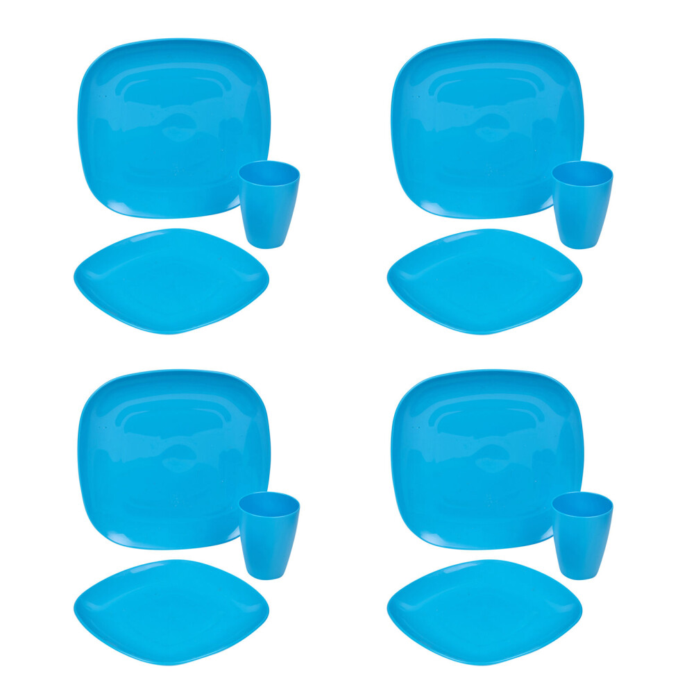 (Blue 12pc) BPA Free Plastic Plates Cups Dinner Set Heavy Duty Reusable