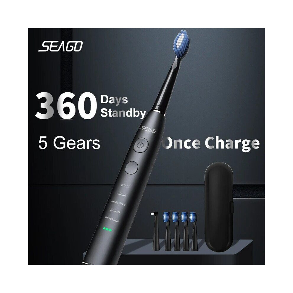 (BLACK) Seago Electric Sonic Toothbrush USB Rechargeable