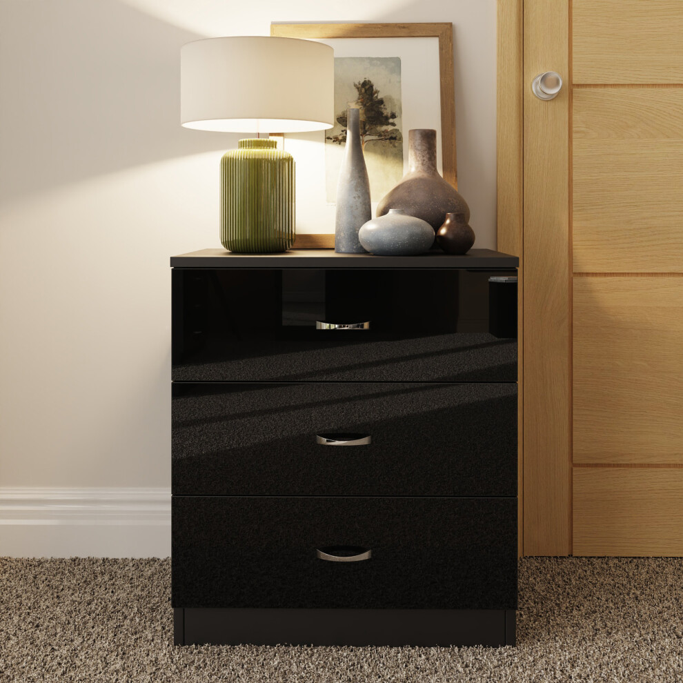 (Black) High Gloss 3 Drawer Chest Of Drawers