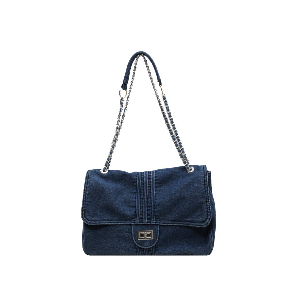 (Blue) Retro Casual Denim Tote Bag Women With Large Capacity Chain Shoulder Crossbody
