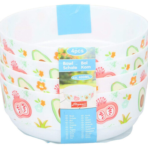 (White - FruitVeg) Coloured Plastic Cereal Bowls 4 Piece Breakfast Cereal Ice Cream Bowls Stackable