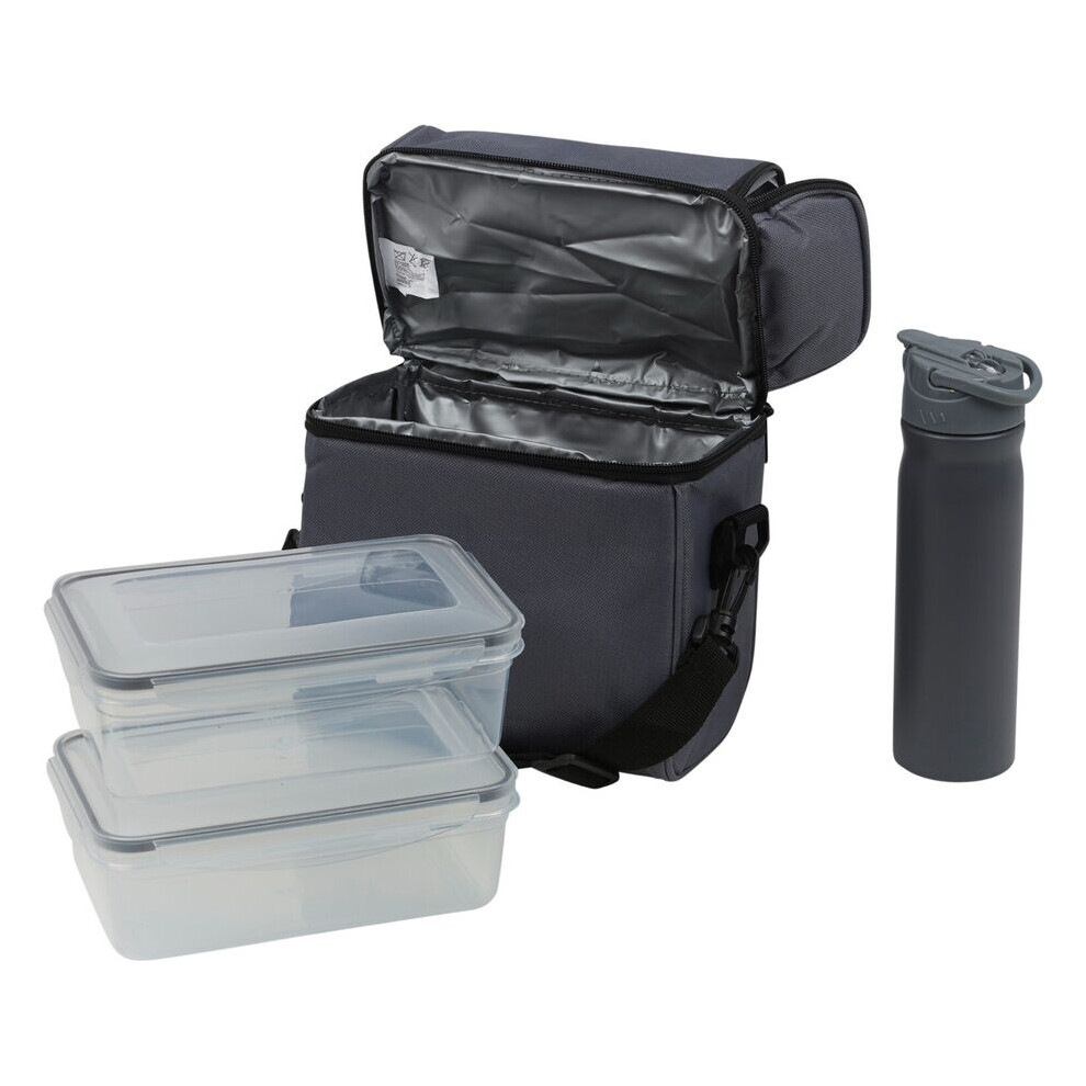 (Dark Grey) Cooler Bag Food Box Drink Bottle Picnic School Set