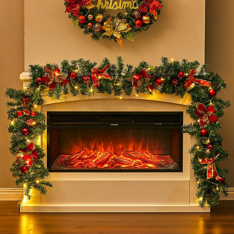 Led 9ft Pre Lit Christmas Garland With Lights Door Wreath Xmas Fireplace Decor