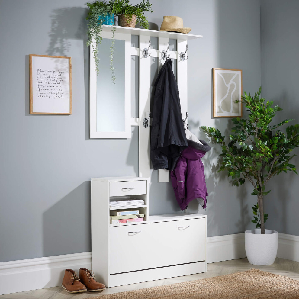 (White) Home Source Darfield Hallway Coat Hook Shoe Cabinet Storage Unit