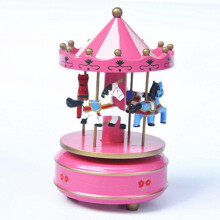 (Rose) Wooden Carousel Music Box 4-horse Merry-go-round Toy With Castle In The Sky Melody For Christmas Birthday Valentine's Day - Blue