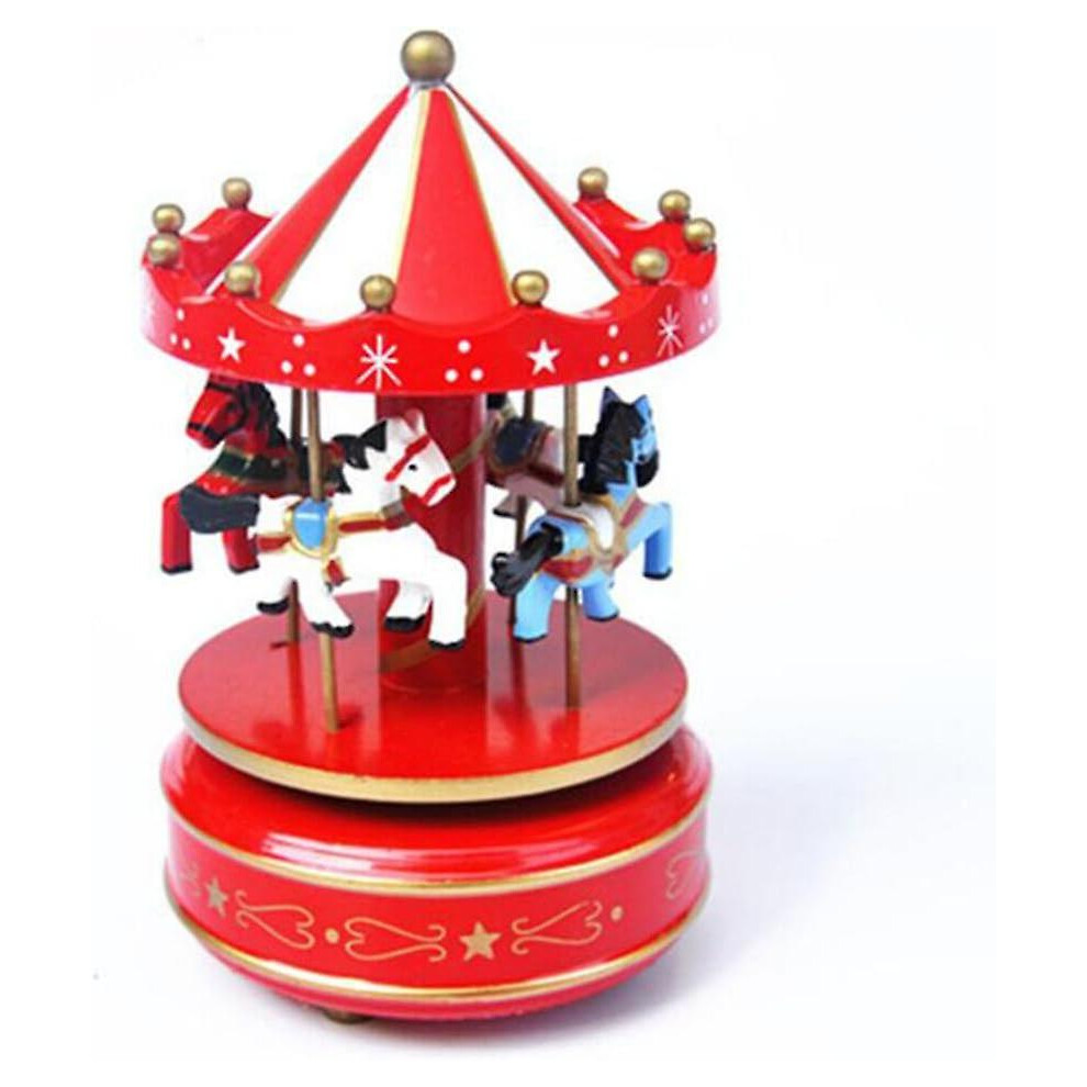 (Red) Wooden Carousel Music Box 4-horse Merry-go-round Toy With Castle In The Sky Melody For Christmas Birthday Valentine's Day - Blue